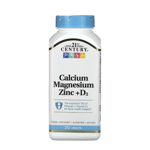 Complément alimentaire Calcium Magnesium Zinc + D3 21st Century pour soutenir la santé osseuse, la fonction musculaire et le système immunitaire 250 Comprimés